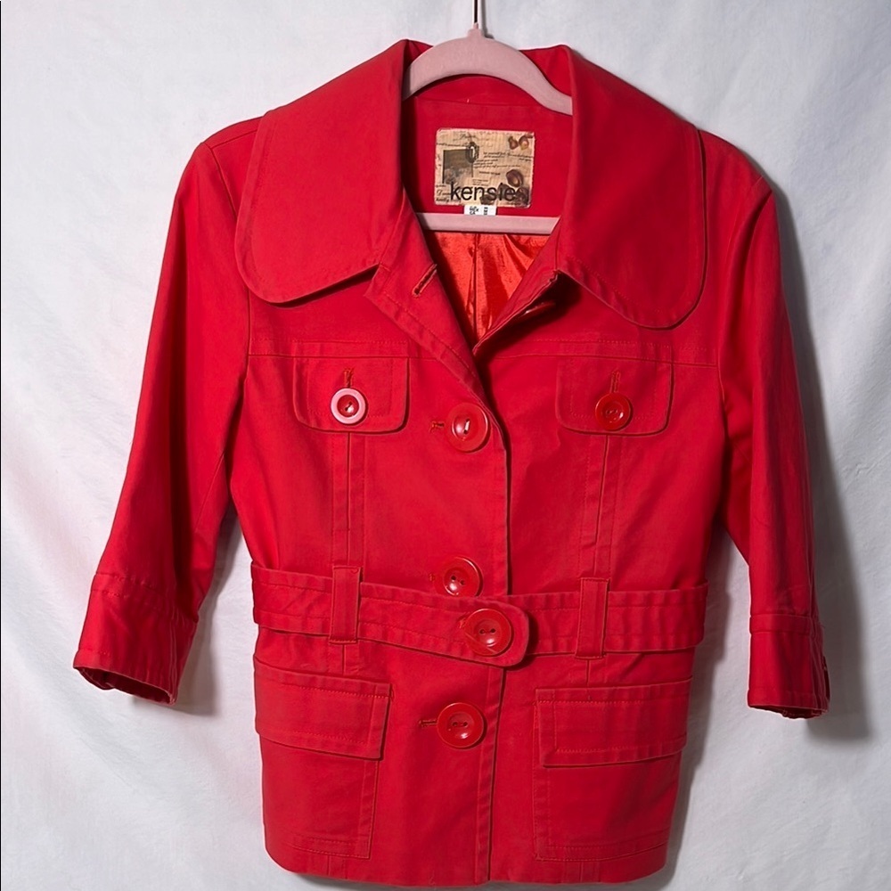 Kensie Red Trench Coat with Double-Breasted Design and Wide Collar